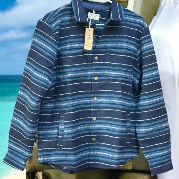 NWT Marine Layer Men’s Striped Snap Shacket in Dark Navy Baja Size Medium - Picture 2 of 5